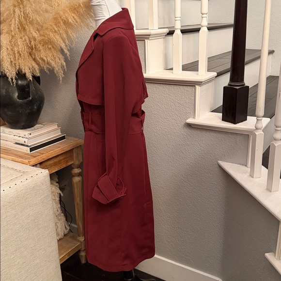 Express Burgundy Belted Long Trench Coat Size Medium - Picture 4 of 8